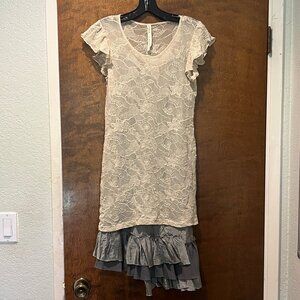 Renee C. 2-Piece Set: Grey Ruffle Dress & Lace Overlay Top Mix & Match Size M